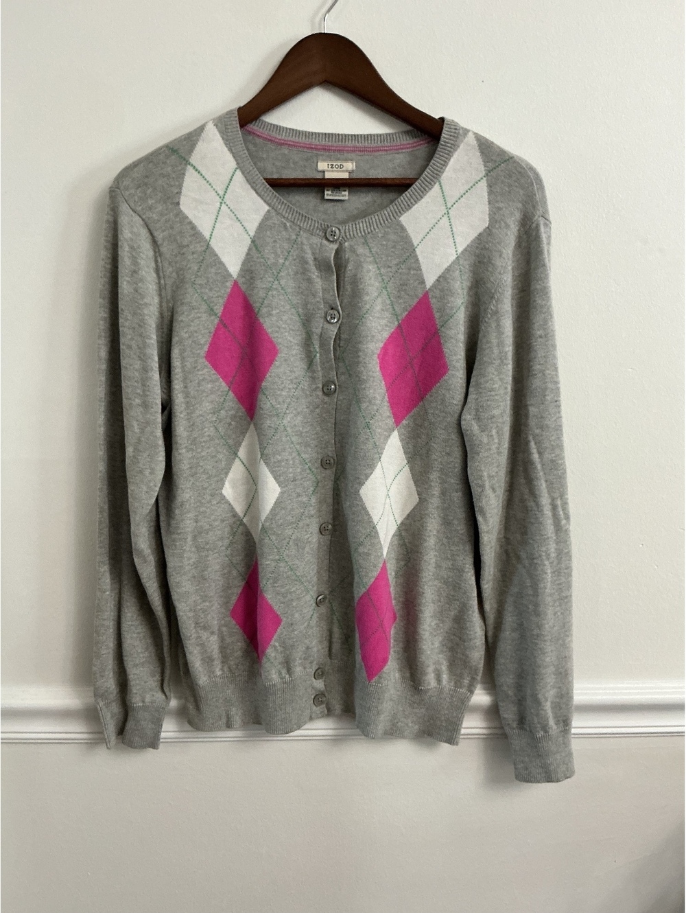 IZOD Women's Gray Argyle Button-Up Cardigan Sweater, Size XL